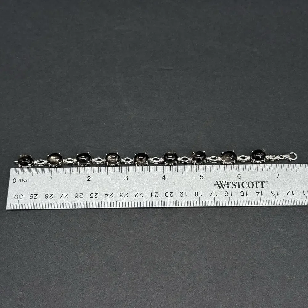 STS 925 Sterling Silver Oval Black Star Sapphire Cabochon Link Bracelet 7.5